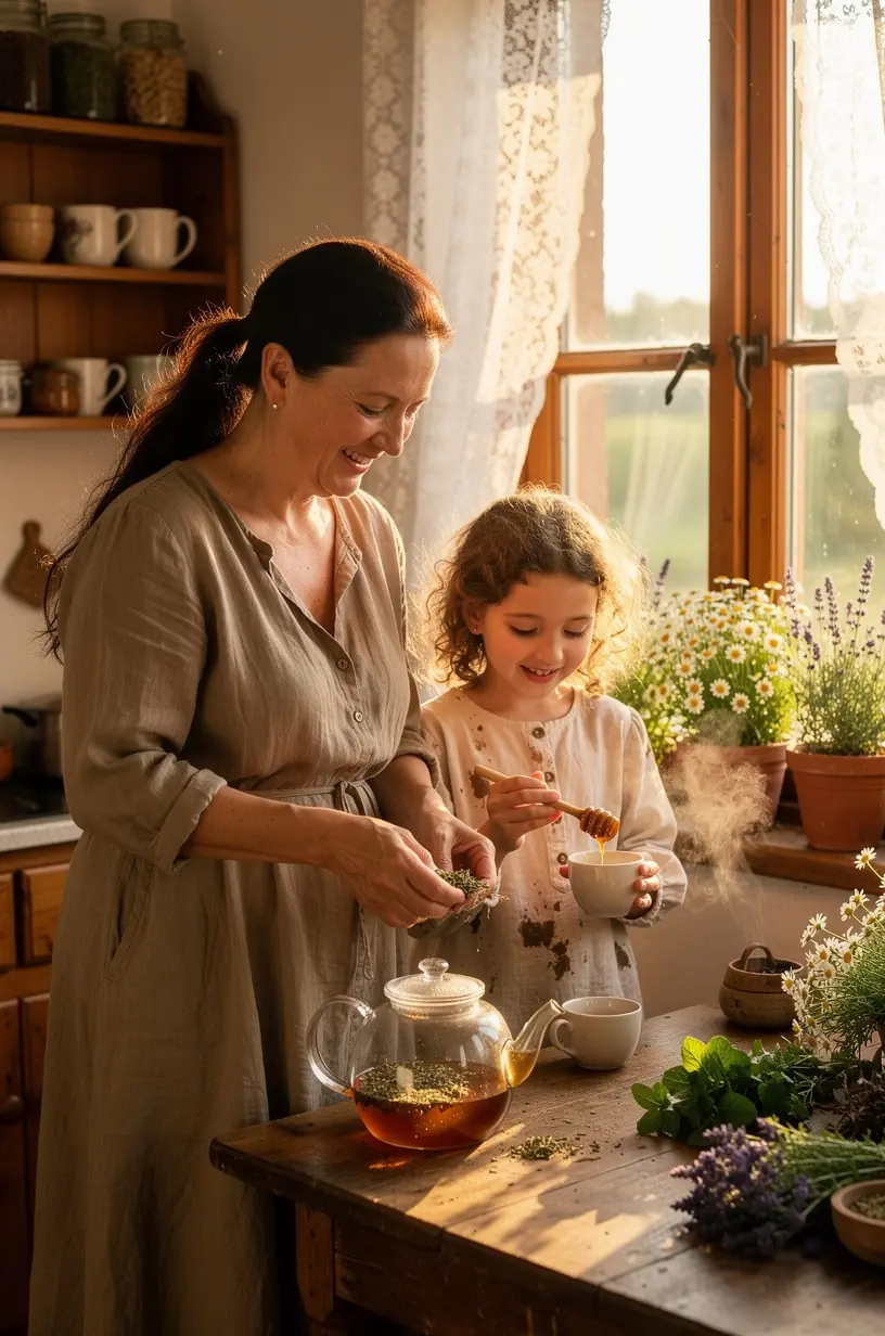 Arbatos puodelis ant medinio stalo šalia žolelių rinkinys, simbolizuojantis ramybės ir sveikatingumo tradicijas kasdieniam naudojimui
